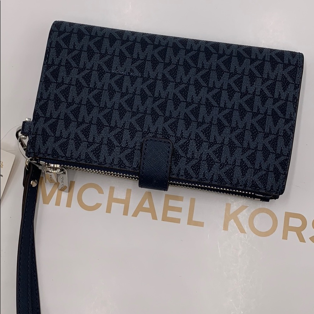 MICHAEL KORS JET SET TRAVEL LG DOUBLE ZIP WRISTLET PHONE HOLDER ADMIRAL NWT - Picture 12 of 16